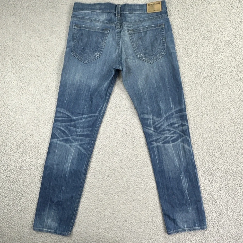 True Religion Geno Relaxed Slim Jeans Men 34 Blue Stretch Whisker Fade USA Made